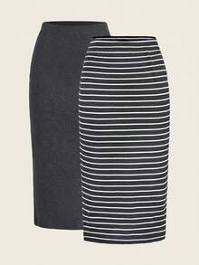 SHEIN LUNE Bộ 2 chân váy midi nữ kiểu dáng thường ngày, kẻ sọc và màu trơn, chân váy ôm dáng, bộ chân váy dài nữ, chân váy nữ, chân váy nữ. - Xám - Xem 4