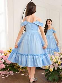 SHEIN 少女优雅缎面网纱拼接中长连衣裙 - 藍色 - 查看 2