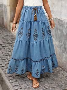 Brillora Women's Printed Casual Denim Mini Skirt - Medium Wash - View 1