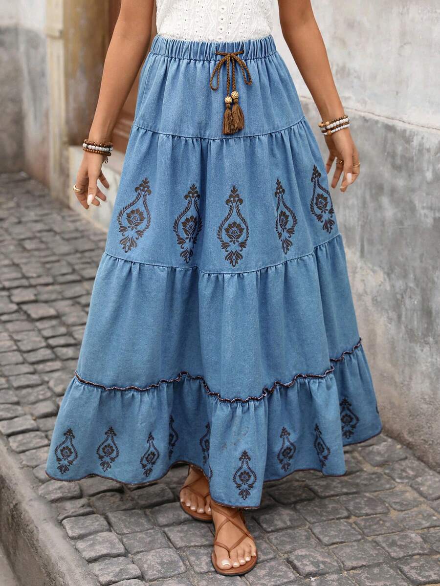 Brillora Women's Printed Casual Denim Mini Skirt - Medium Wash - View 1