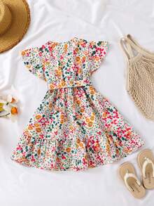 Emery Rose Kids Emery Rose Kids 少女碎花V领荷叶边短袖连衣裙，度假风 - 粉色 - 查看 5