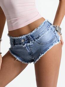SHEIN EZwear Solid Color Raw Hem Pocket Detail Sexy Skinny Denim Shorts - Blue - View 4