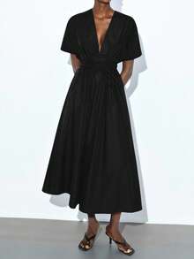 Maija Black Deep V-Neck Waist Cinched Flared Dress For Women - Black - View 6