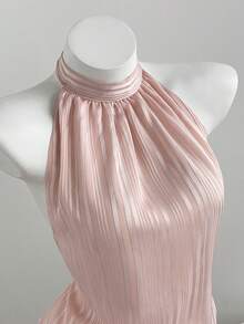 Elamini Sexy Vacation Silver Thread Semi-Sheer Striped Backless Tie Strap Mini Dress - Baby Pink - View 7
