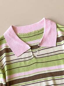 Muvela Spring/Summer New College Style Women Polo Collar Striped Short Sleeve Knit Top And Mini Skirt 2 Pieces Set - Green - View 3