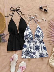 Soleia Set de 2 piezas de camiseta sin espalda con cuello halter y estampado azul del dios sol y palmera, estilo casual minimalista, adecuado para vacaciones de verano - Multicolor - Ver 6