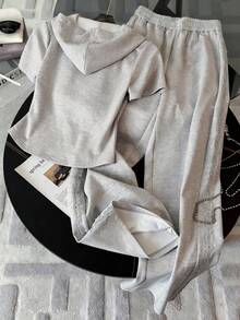 Resyla 2pcs/Set Women's Casual Sports Zip-Up Hoodie & Sweatpants - Grey - View 2