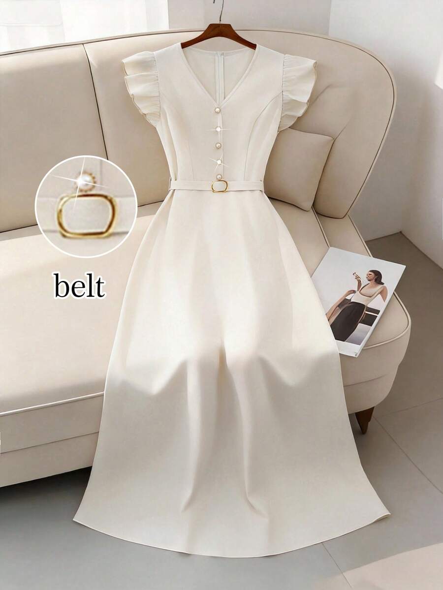 GlowEve Women's Elegant Satin V-Neck Ruffle Armhole Belted Midi Dress, Romantic For Party, Wedding Season, Summer - Apricot - View 1