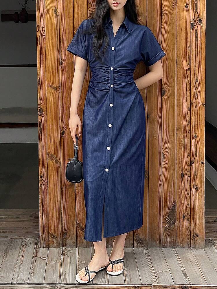 Women's Solid Color Lapel Single-Breasted Pleated Elegant Waist Midi Dress, Suitable For Party And Outings Summer