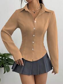 SHEIN Unity 女士纯色修身前襟纽扣长袖简约百搭衬衫 - 薑色 - 查看 4