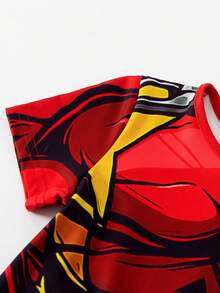 Young BoyCasual Short Sleeve Cartoon Character Print Zipper Back Jumpsuit With Contrast Cape, Spring/Summer - Red - View 5