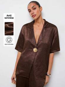 Maija Brown Satin Women's Suit Set, Short Sleeve, Textured, Loose, Casual, Urban - Brown - View 1