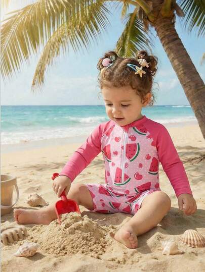 SHEIN Baby Girl Watermelon & Heart Polka Dot Print Color Block Long Sleeve Half Zip Front One-Piece Swimsuit, Beach/Holiday Style