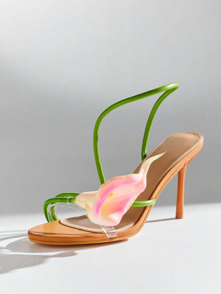 SHUZIA 女士百合花朵装饰夏季度假可爱优雅女性性感 PU 裸色高跟凉鞋 - 米色 - 查看 1