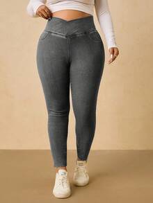 SHEIN Tall CURVE 大码休闲V腰紧身牛仔裤 - 灰色 - 查看 4