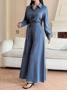 DAZY Set de 2 piezas de top con cuello y pantalones con cintura anudada, conjunto informal de oficina para mujer - Azul - Ver 3