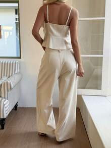 Livesso 春夏宽松休闲系带无袖背心褶皱荷叶边拼接套装休闲裤两件套，女士休闲度假海滩风 - 杏色 - 查看 3