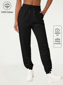 SHEIN BASICS Pantalones de chándal con cordón y bolsillo para mujer - Negro - Ver 8