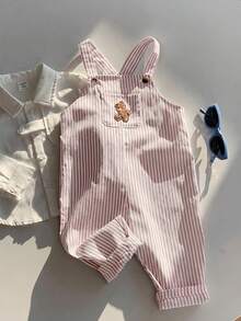 SHEIN Baby Boy Casual Cute Versatile Striped Cartoon Bear Pattern Bib Jumpsuit,Kids - Red - View 7