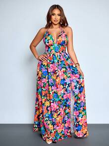 SOLERSUN Vestido largo de verano estilo boho con estampado tropical, cuello en V profundo, espalda descubierta, drapeado y abertura en el muslo, con estampado botánico - Multicolor - Ver 5