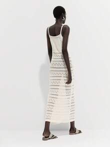 SHEIN Luminelle New Hollow Out Sheer Vacation Spaghetti Strap V-Neck Sleeveless Knit Dress - Beige - View 2