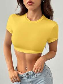 SHEIN PETITE Áo thun nữ dáng ngắn, đơn giản, màu trơn, cổ tròn, màu trơn, ôm sát. - Màu vàng - Xem 7