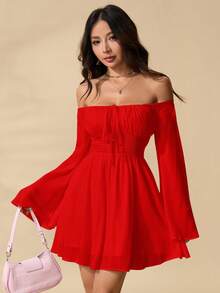 SHEIN PETITE 浪漫露肩荷葉袖收腰洋裝，適合嬌小女性 - 紅色 - 查看 4