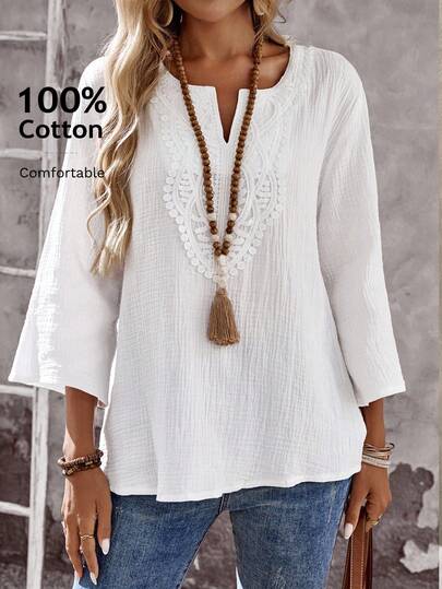 EMERY ROSE 女式度假拼接蕾丝V领3/4袖宽松休闲衬衫外出乡村女士秋季全白派对基本款上衣长袖上衣女士外出上衣度假上衣