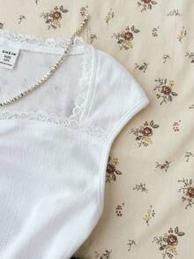 SHEIN 少女白色提花针织褶皱胸部甜美女孩校园休闲修身T恤 - 白色 - 查看 4