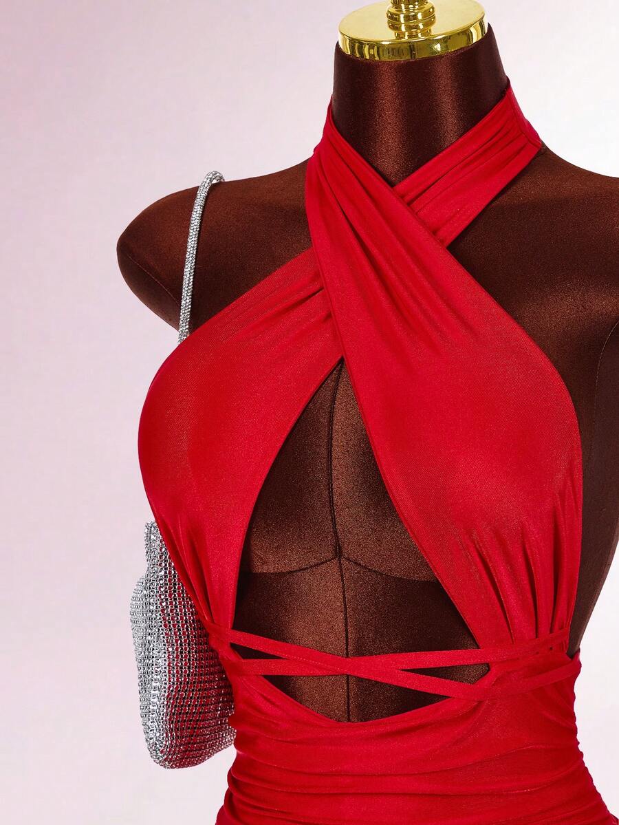 Amplova 女士性感露背交叉领褶皱修身迷你连衣裙,适合海滩度假和夏季穿着 - 紅色 - 查看 1