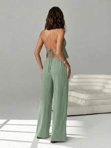SHEIN EZwear Mint Green Semi-Sheer Woven Fabric Two-Piece Set For Women Halter Neck Crop Top With Drawstring Pants And Pockets Two Piece Vacation Set Women Linen Two Piece Set Casual Two Piece Set Summer 2 Piece Sets Woman Beach 2 Piece Set - Mint Green - View 2
