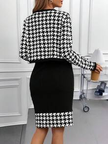 Editum Conjunto de 2 piezas de chaqueta y vestido de mujer con estampado de pata de gallo, apropiado para ir al trabajo y salir en invierno, conjunto de 2 piezas para mujeres en otoño - Blanco y Negro - Ver 2