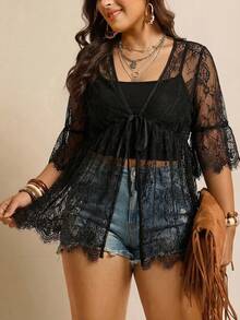 SHEIN LUNE Áo Kimono ren dáng rộng không có áo lót bên trong dành cho nữ cỡ lớn, màu đen, kiểu dáng thường ngày, thích hợp mặc đi biển cho phụ nữ cỡ lớn, bảo vệ da khỏi ánh nắng mặt trời trong kỳ nghỉ hè. - màu đen - Xem 7