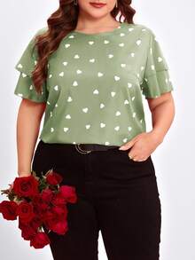 Reflora Plus Size Round Neck Short Sleeve Ruffle Hem Heart Print Loose Blouse, Summer - Mint Green - View 7