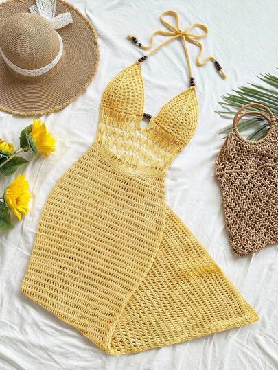 Soleia Vestido maxi de punto con espalda descubierta y cuello halter, vestido maxi de ganchillo para vacaciones y verano, vestido maxi de playa, vestido de ganchillo para vacaciones, para otoño/invierno