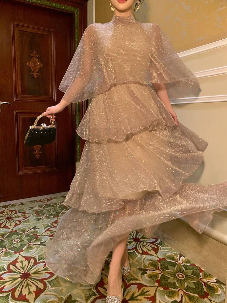 Spring & Summer Shiny Pink Cake Dress Shawl-Style Flare Sleeve Valentine's Day Wedding Party Banquet Formal Dress, Elegant Midi Swing Dress For Women Sundress