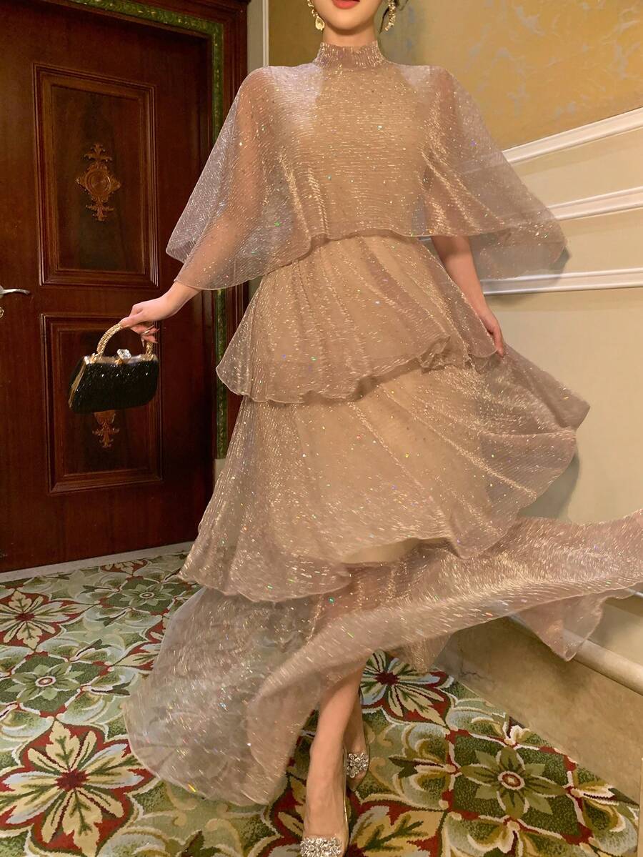 DAZY 女士立领网纱优雅派对中长蛋糕裙 - 香檳色 - 查看 1