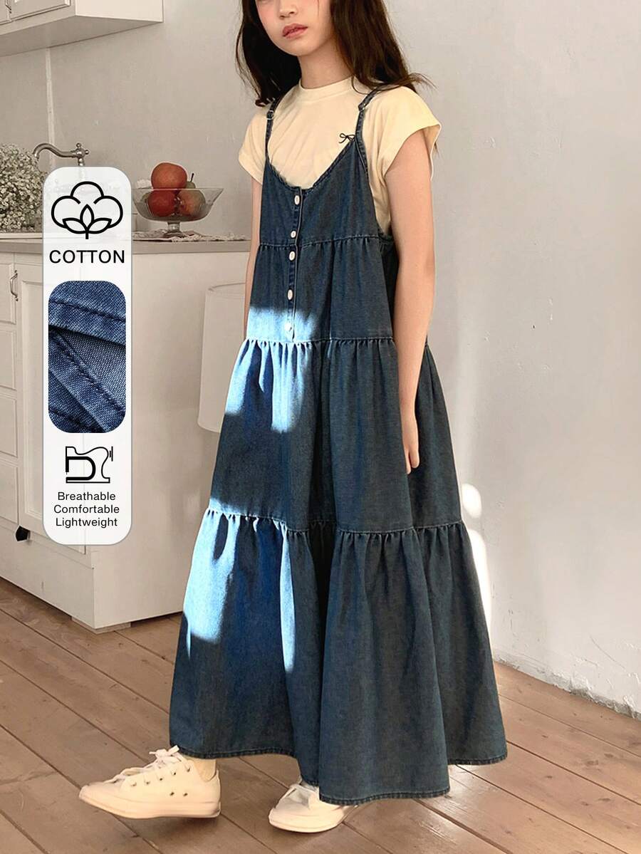 DAZY Vestido peto de mezclilla para niñas - Azul - Ver 1