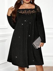 Miaspire Plus Size Women's Elegant Party Lace Patchwork Black Dress, Autumn/Winter, Black Elegant Dress Curve, Long Sleeve Elegant Dress, Black Sparkle Dress,Autumn/Winter,Going Out Outfits,2025 New Clothes,Simple And Fashionable For Everyday Wear, Plus Size Winter Clothes,New Year Dress ,Comfortable And Breathable,Flowy Dress,Christmas Outfit For Women ,New Year Clothes - Black - View 3