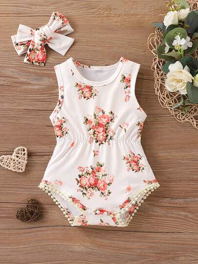 Baby Girl Floral Print Cute Sleeveless Romper