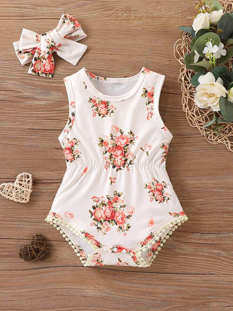 Baby Girl Floral Print Cute Sleeveless Romper - Apricot - View 1