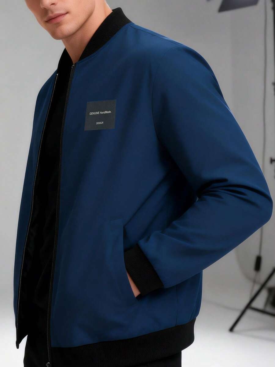 Manfinity Homme Men's Casual Everyday Commute Versatile Letter Graphic Zip-Up Baseball Jacket - Navy Blue - View 1