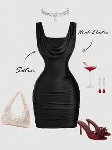 SHEIN MOD Women's Black Summer 70s Night Out Party Dress,Elegant Draped Cowl Neck Satin Corset Top Mini Dress, Fitted Formal Shiny Valentine's Day Outfits - Black - View 2