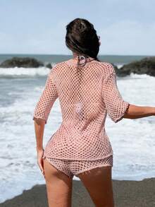 Swim Vcay Blusa feminina rosa de manga curta com recortes e estampa floral 3D. - Rosa - Ver 3