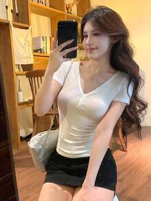 DAZY Women's Solid Color Button V-Neck Short Sleeve Casual T-Shirt Summer - Beige - View 3