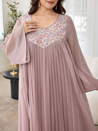 Al Najma Romantic Solid Color Chiffon Patchwork Embroidered Round Neck Long Sleeve Pleated Loose Regular Spring/Summer Plus Size Women Arabic Maxi Dress