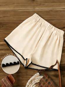 Franclia 女士夏季休闲撞色滚边衬衫和短裤两件套 - 杏色 - 查看 4