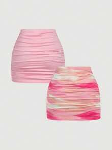 MOD 2 piezas Conjunto de minifalda ajustada con pliegues de estilo minimalista casual para mujer, Disfraces de Halloween, Vacaciones de mujer, Ropa de los 2000, Disfraz - Rosa - Ver 2