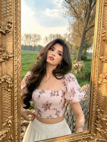 SHEIN MOD 女士复古碎花方领泡泡袖衬衫，适合春夏、度假、花园、仙境风、下午茶、派对、日常约会等场合。