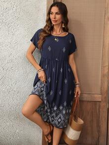 EMERY ROSE Women's Casual Geometric Print Mid-Length Dress - Navy Blue - View 5